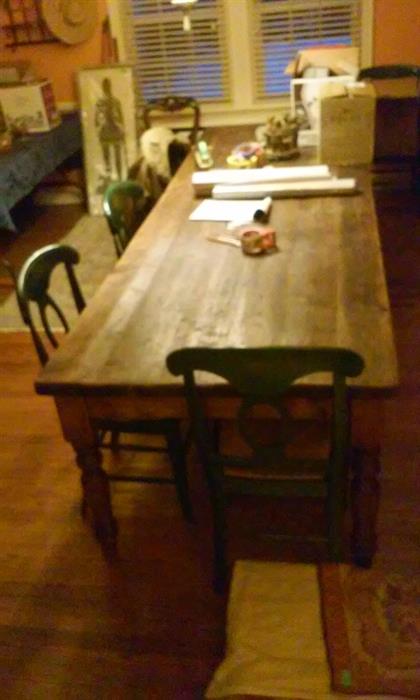 Country Farm Table, about 9 Feet, 9 Inches Long and 39 Inches Wide, with 3 Drawers.