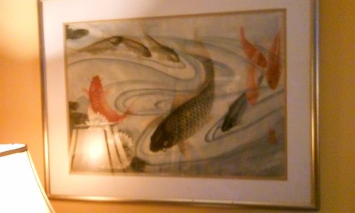 Original Asian Watercolor of Koi in A Pond, Signed with Asian Chop Character Marks.  Possibly Chinese.