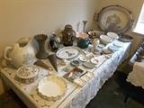 Variety of Large Collectibles, Pitchers, Asian Vases, Small Collectible Plates, Large Silver Plated Tray. Antique Plates.