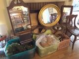 Variety Christmas Decorations, Large Wreaths, Garlands, Silver and Gold Ribbon/Bow, Frames in Pink Crate, Large Mirrors and Oval Frames on Fireplace Mantel