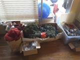 Several Boxes of Christmas Decorations, Wreath Garlands, Strings of Lights, Decorative Red Garland Bows, Fall Decorations