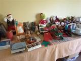 Collection of Christmas Ornaments, Santa Claus, The Grinch, Mouse, Small Santas,  Candles,  Christmas Mitt, Christmas Towels, Lights, Small Clay Angels, Star Table Christmas Decorations and many Treasures