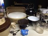 Variety of Kitchenware, Measuring Cups, Filter Cups, Round Ceramic Bowl, Salad Spinner, Tea Kettle Ceramic, Coffee Grinders, Casserold Pot, Serving Rattan Tray, Gravy Measuring Cup, Cup Holder
