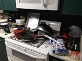 Variety of Pots and Pans, Skillets, Vacuum Bags, Small Kitchen Utensils, Bake ware.