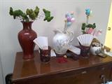 Gorgeous tall vases, ceramic pitcher, small picther, fans, rabbits and eggs for Easter.