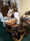 Vintage  baby high chair, bear,  bibs, toy doll crig, moose, bear, baby linen, placemats, mug, hangers.