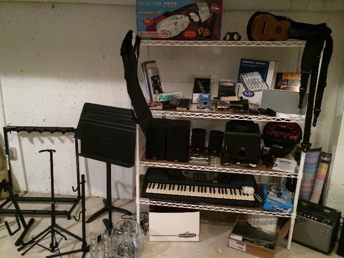 Keyboard, music stands, guitars stands, Eukelele, dj equipment, speakers. Etc 