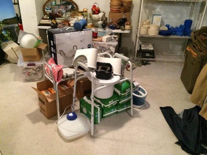 Toilette seat, shower seat, travel toilette, adult diapers, boxes of wipes, vaporizers, home medics, heating pad 
