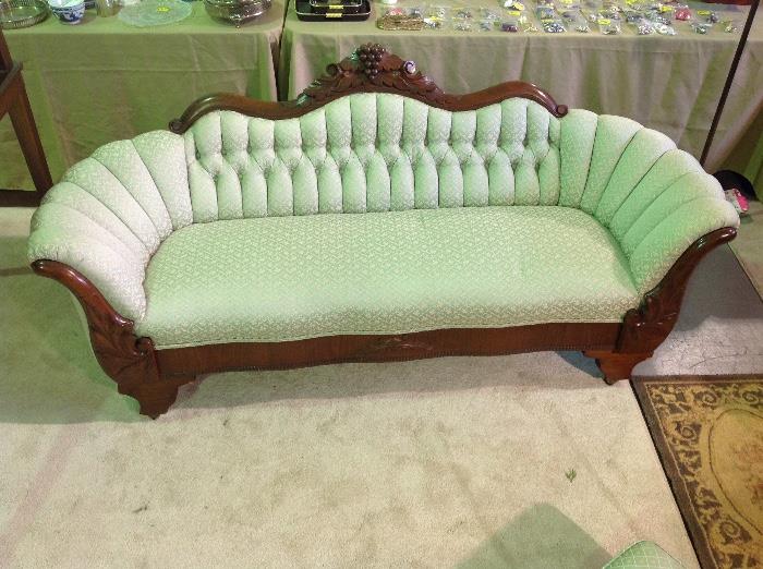 Victorian Turquoise Rolled Arm Button Tufted Parlor Sofa