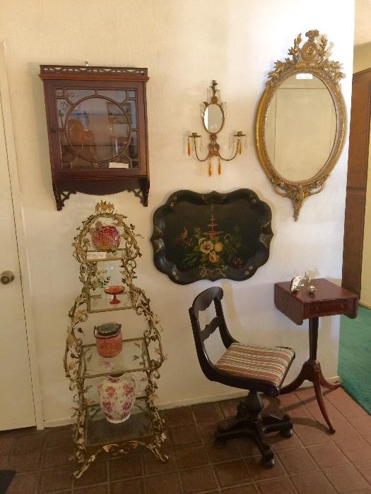 Mirror from the early 1800s, toleware tray c. 1890, antique desk chair, vintage gilt metal and glass shelf, antique art glass, hanging display cabinet 
