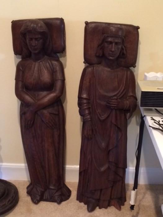 Very rare antique funeral/mausoleum/crypt figures of a husband and wife.  Probably oak, and very heavy (about 4' tall).