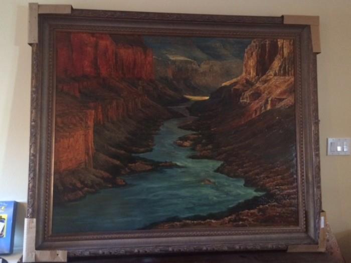 Very large (approx 5' x 6') burnished gold framed oil painting of a dramatic canyon scene.