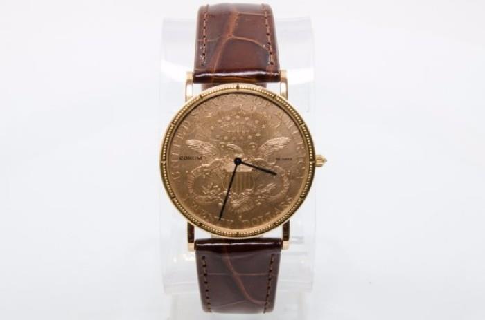 Brand: Corum
Model: 395609
Serial: 500802

18KT yellow gold case, leather strap, coin dial

Reference Number: 2325
36mm case
Battery operated
Genuine diamond in the crown
CONDITION:
This exceptional item has been fully serviced and is waranteed for 3 months following purchase.

Free shipping within the USA, International shipping (additional charges will apply)
Item ships from New York
