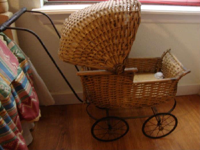 Antique Wicker Doll buggy, as is