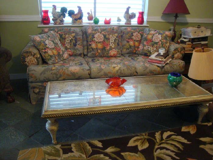 Gold leaf coffee Table, Sofa with floral Slip cover