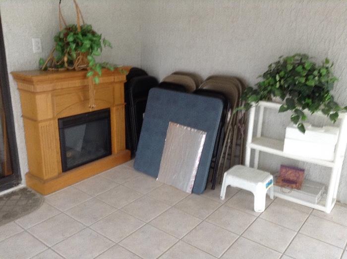 Elec fireplace. Card tables & folding chairs