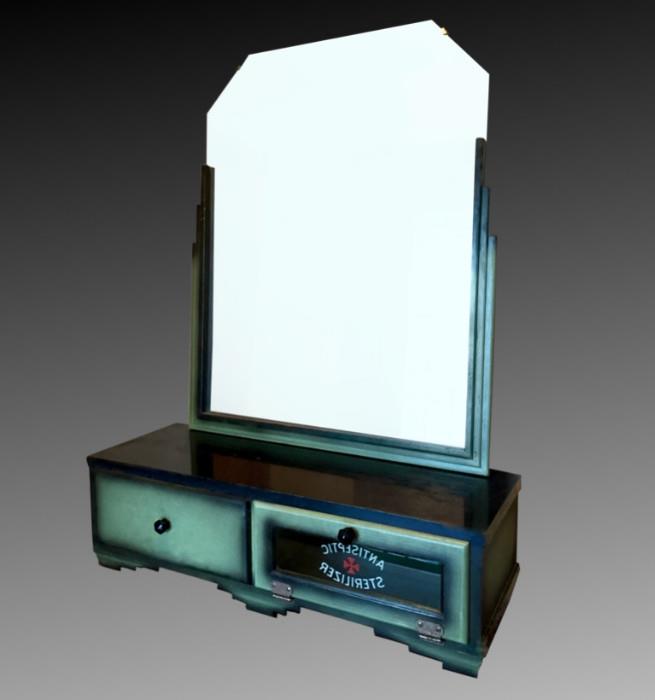 Ultra rare barbers cabinet with glass door antiseptic sanitizer and separate mirror. 