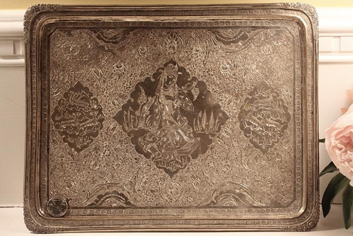 Early 20th Century Eastern silver tray (probably Persian), highly decorated