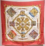 Authentic Hermes silk les tambours scarf in excellent condition. Original silk screen design by Joachim Metz c1980s features a selection of colorful drums over a cream silk background with a red border. 100% silk, hand rolled hem, made in france. Original tag attached Excellent condition. NO stains, smells, or fabric pulls. Perfect for music lovers and hermes scarf collectors. Measurements: 35''x35'' = 90cm

Free shipping for this item within the continental US.