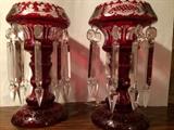 Bohemian Glass Luster Pair in engraved Ruby Color