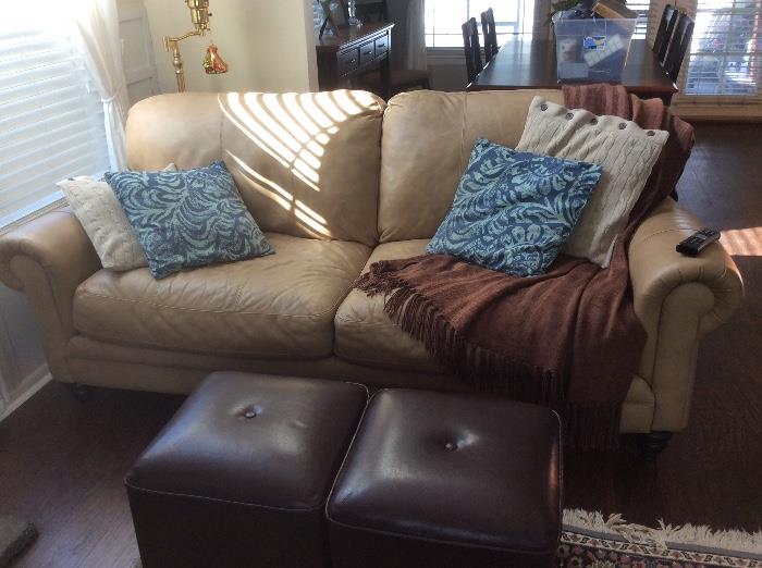 Leather sofa, small ottomans