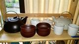 Heath pottery teapots, mugs, creamer and sugar....bowls unknown           first floor