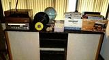 freestanding console....stereo with receiver and turntable....vintage LP's and 78's....world globe     second floor