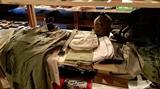 more WWII uniforms, canteen, boots, hats, ties   garage