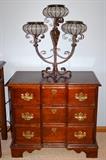 Small chest (Pennsylvania House). Candelabras (2)
