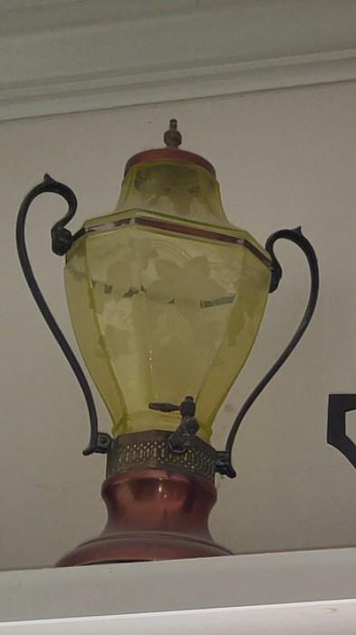 Victorian Vaseline glass beverage dispenser copper base
Sold