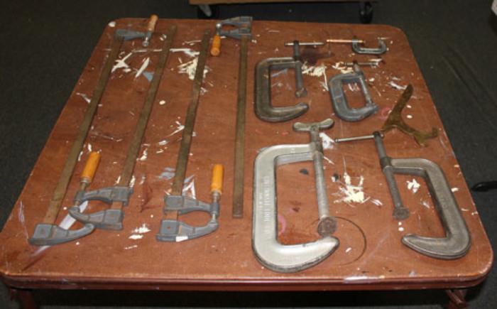 Bar clamps and various C-clamps.