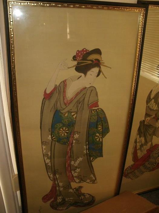 Pair of Large Geisha Girl Watercolors on Silk- Stunning Colors