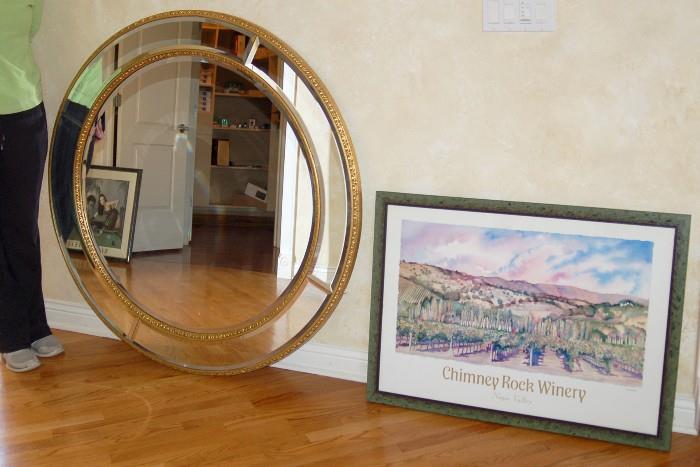 Large wall mirror and framed winery art