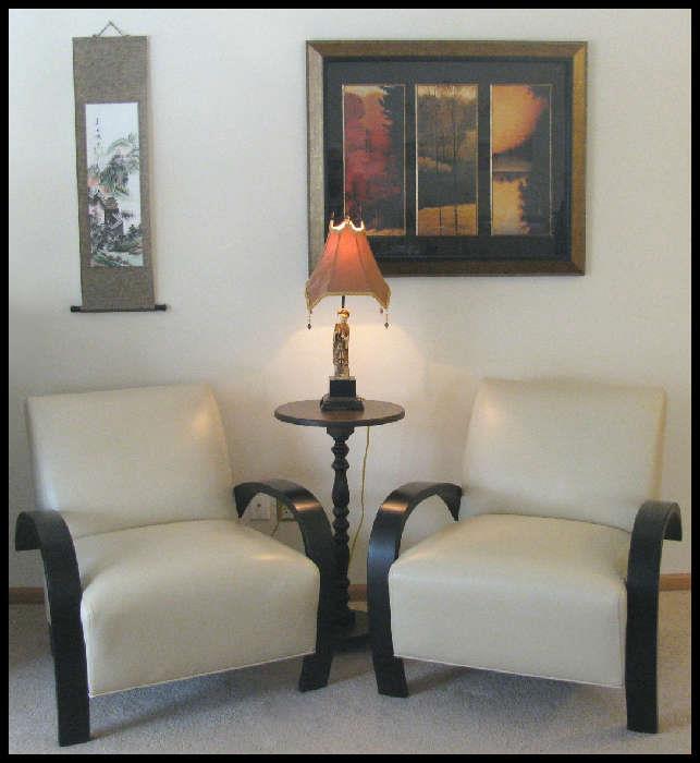 Wall art, lamp and two wood and leather chairs from Room and Board