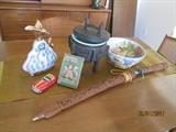 Gorgeous hand painted bowl, Asian ice bucket, sword, wind up metal toy car, Jim Beam decanter, Boy Scout handbook