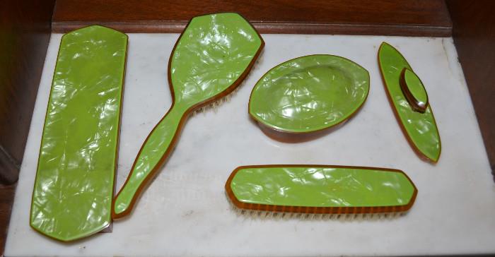 Bakelite Vanity Set, Green Marbled