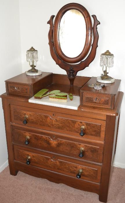 Tiger Maple Inlay Antique Dresser with Mirror and Lock Drawers in excellent condition