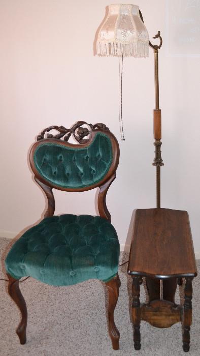 Victorian Parlor Chair, Antique pedestal reading lamp, side tables