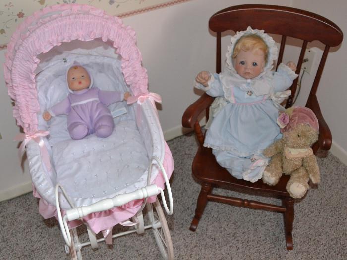 Lee Middleton First Moments Doll (1985) in the rocker, Children's Rocker, Baby Carriage (toy)