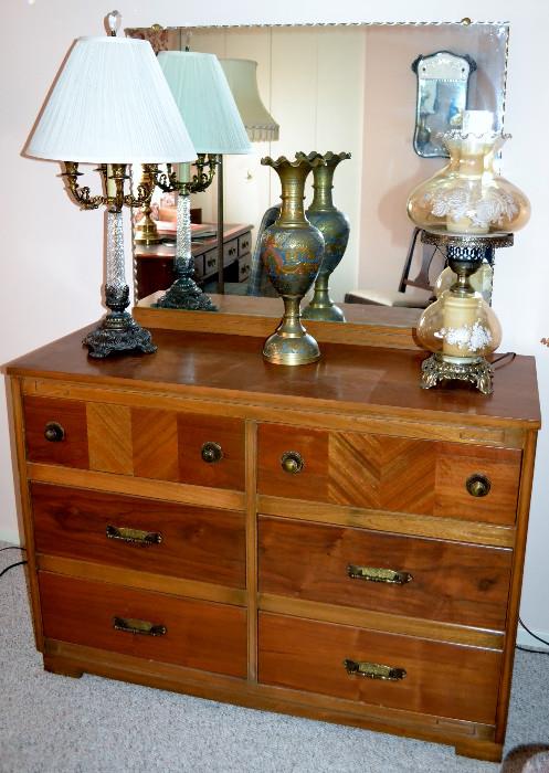Art Deco period Mirrored Dresser, Hand Painted Glass Lamp (Gone with the Wind),  Brass Accent pieces, Antique Table Lamps