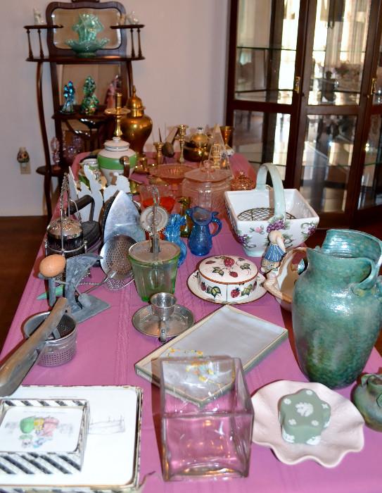 Ceramics, pottery, porcelain, glassware, brass pieces, antique accents, many many collectibles