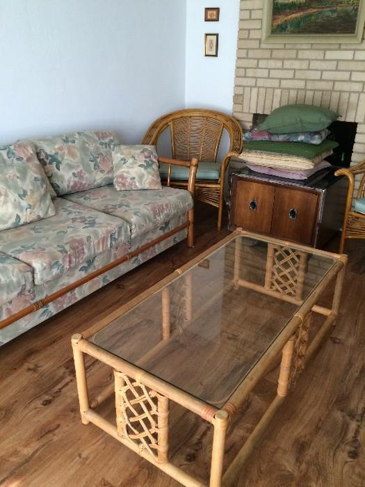 Mid Century Rattan Couch plus matching coffee table