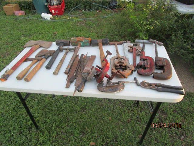 ANTIQUE AXES, SLEDGEHAMMERS, 'C' CLAMPS