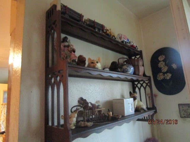 WOODEN SHELF WITH MISC.  TOYS ON TOP