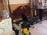 Shop Vac, 4 post full queen bed. shelving. System 4200 exercise bike. Old trunk