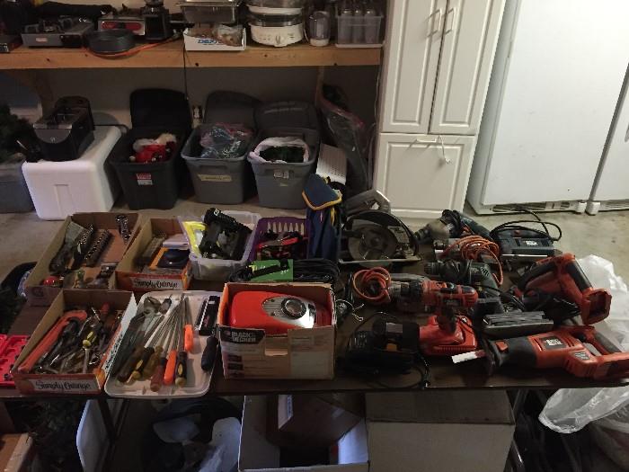 Tools,  Hand tools, electrical saws, drills, nail gun, sander, etc.