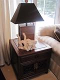 A pair of custom made Rosewood End Tables. A pair of "Lunch Box" lamps. Blanc de Chine dragons.