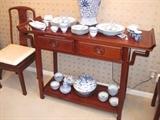 Rosewood Altar Table. Rice Grain China. Blue & White China and Lamp. 