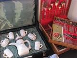 Large brass flatware set. Alabaster coffee set.