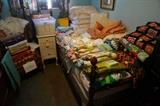 beautiful quilts and afghans, end tables, new vintage sheets, and sheet sets